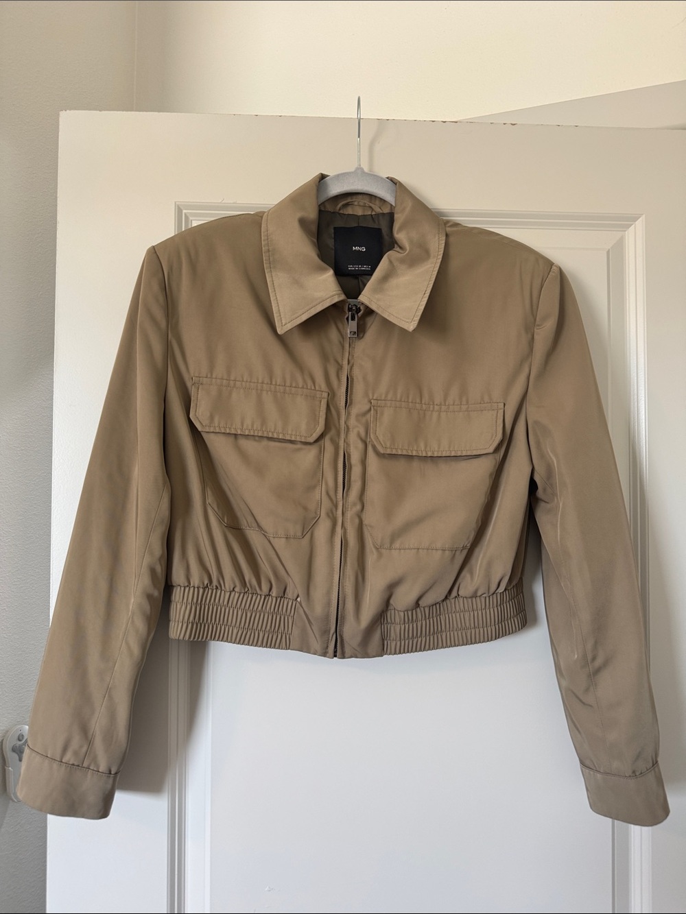 Mango Cropped Bomber Jacket — Tan/Military Green